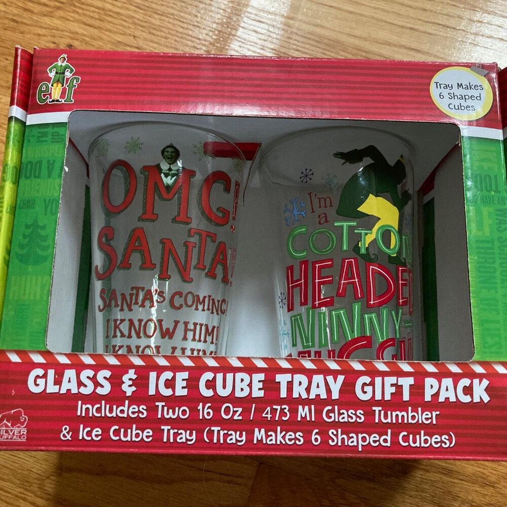ELF Holiday Glass & Ice Cube Tray Gift Set in Red and Green